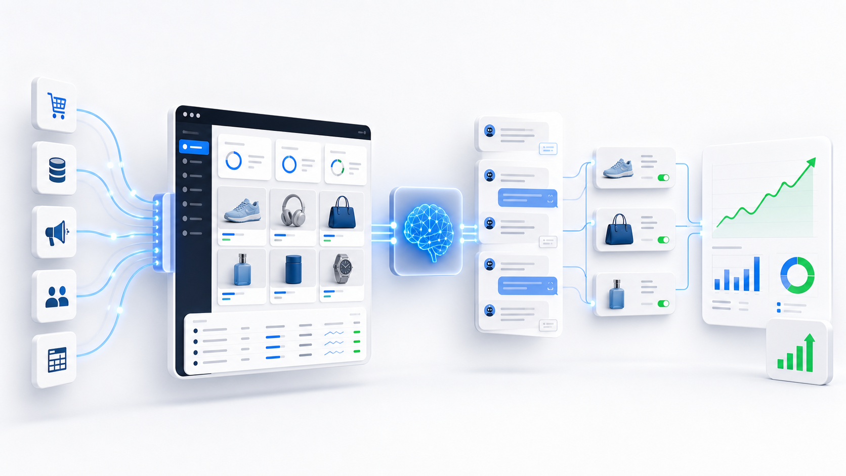 Abstract product dashboard showing business data turning into AI ad scenarios and ROAS optimization